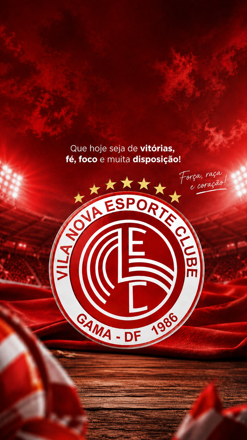 Arte da torcida do Vila Nova com estádio, escudo e mensagem motivacional